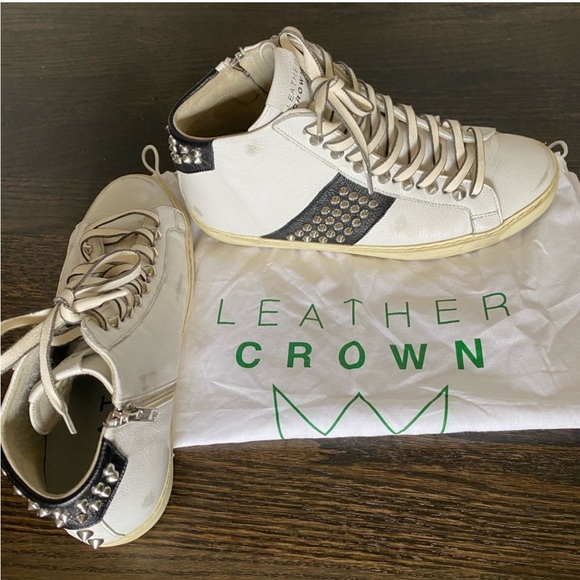 Leather Crown Shoes - Leather Crown White and Black Studded Leather Sneakers